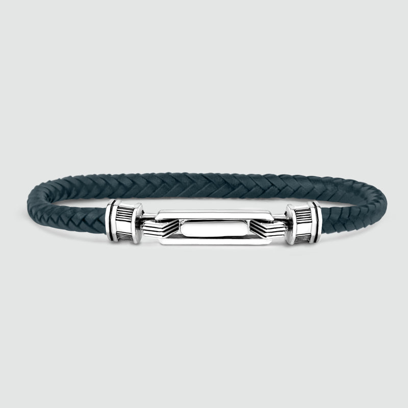Razin - Braided Navy Blue Leather Bracelet with Sterling Silver 5.5mm - Front View - NineTwoFive