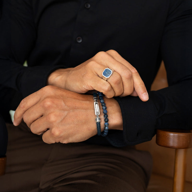 Azraq - Blue Beaded Bracelet 6mm - Styled with Signet Ring and Leather Bracelet - NineTwoFive