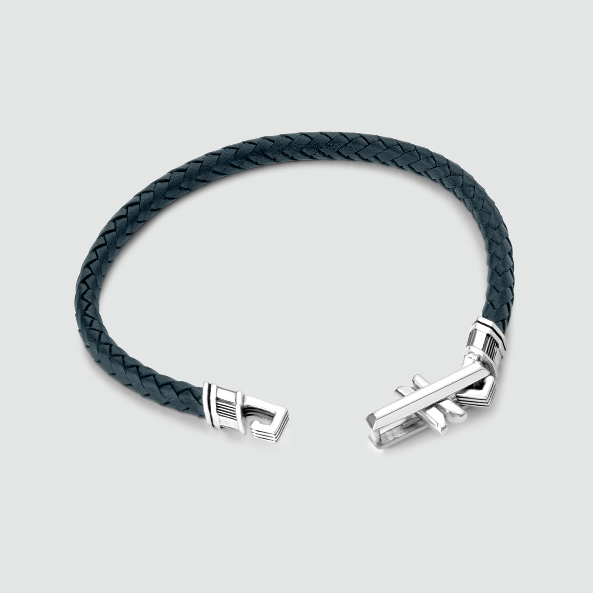 Razin - Braided Navy Blue Leather Bracelet with Sterling Silver 5.5mm - Top Angle View - NineTwoFive