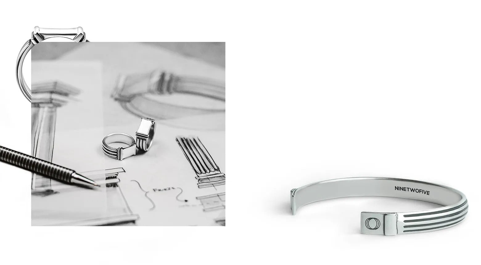 Oxidised rings and sterling silver mens bangles on sketch paper from Ninetwofive. 