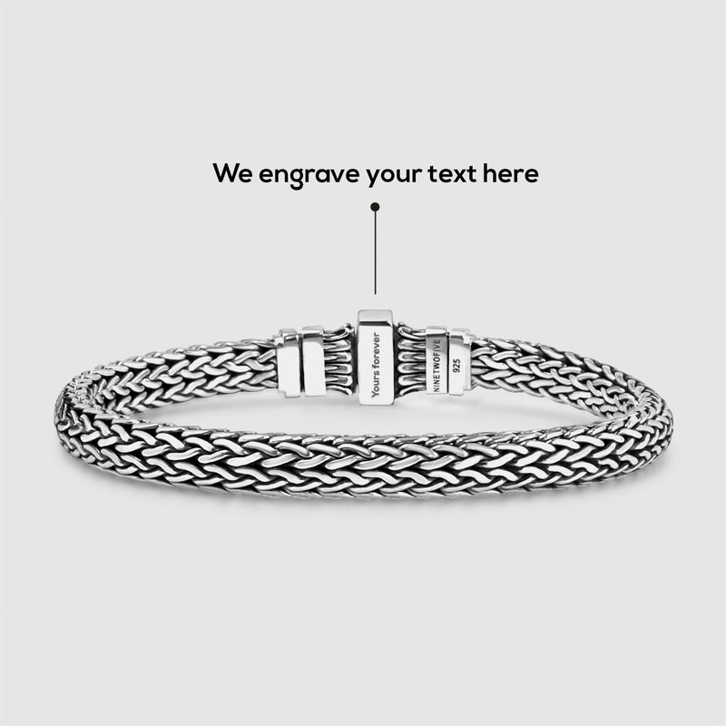 Mirza sterling silver braided bracelet show the inner place for free engrave by Ninetwofive for a personalised jewellery.