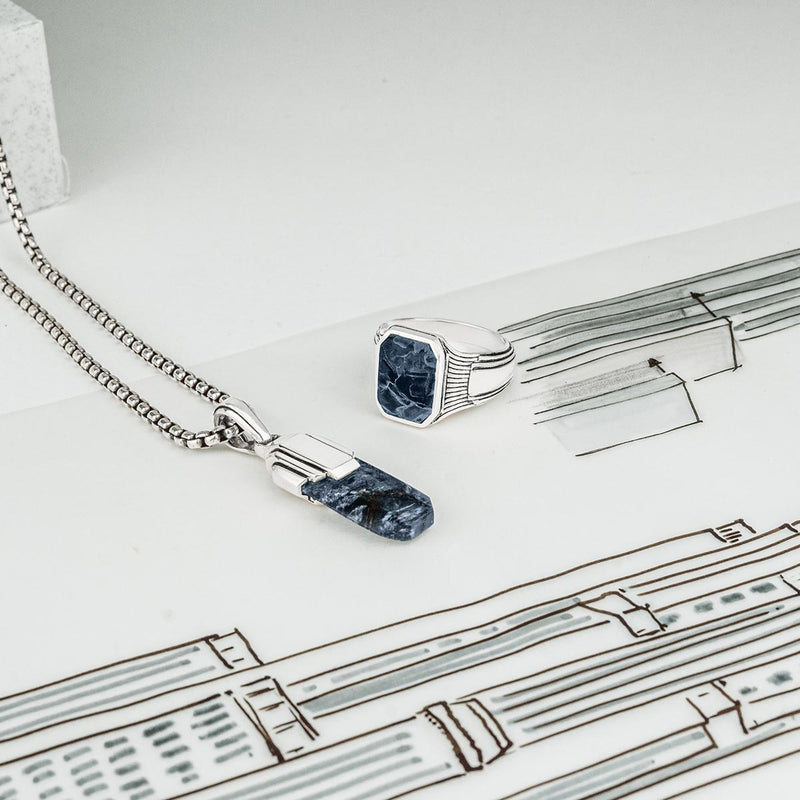 Tahrir - Art Deco Silver Blue Pietersite Pendant - NineTwoFive