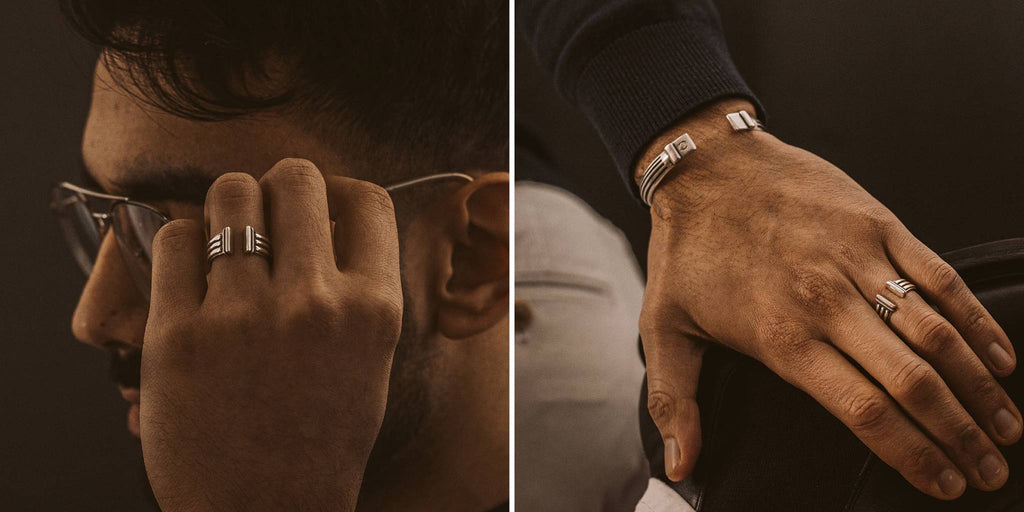 Zwei Bilder von einem Mann, der einen Ring am Finger trägt.