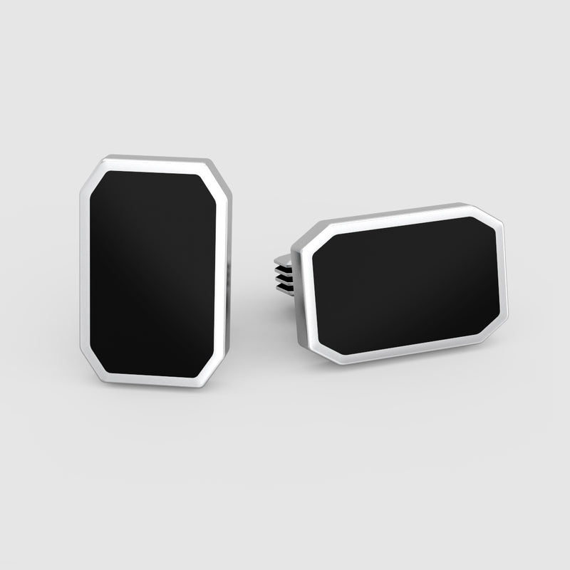Vue de face des boutons de manchette homme Rael en argent sterling et onyx noir, disponibles sur Ninetwofive.
