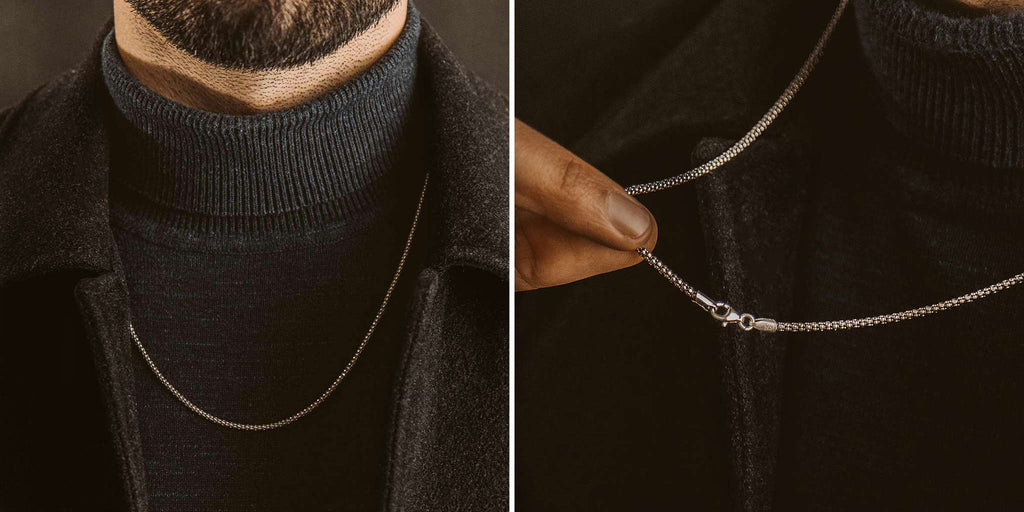 Two pictures of a man wearing a necklace.