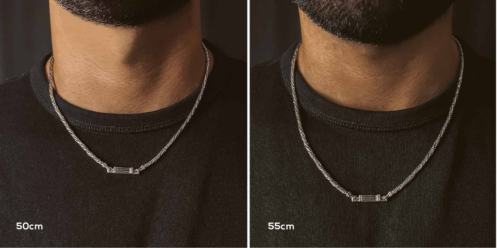Before and after pictures of a man wearing a necklace.