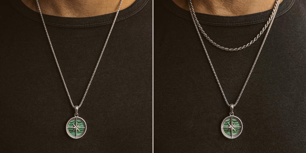 Two pictures of a man wearing a silver ring with a green pendant.