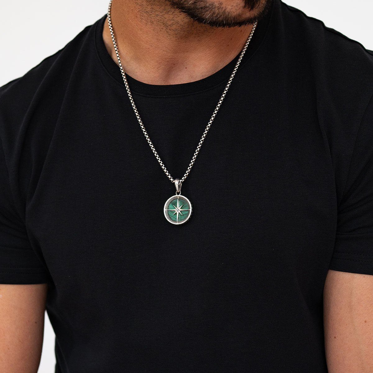 Safar - Sterling Silver Malachite Compass Pendant - NineTwoFive