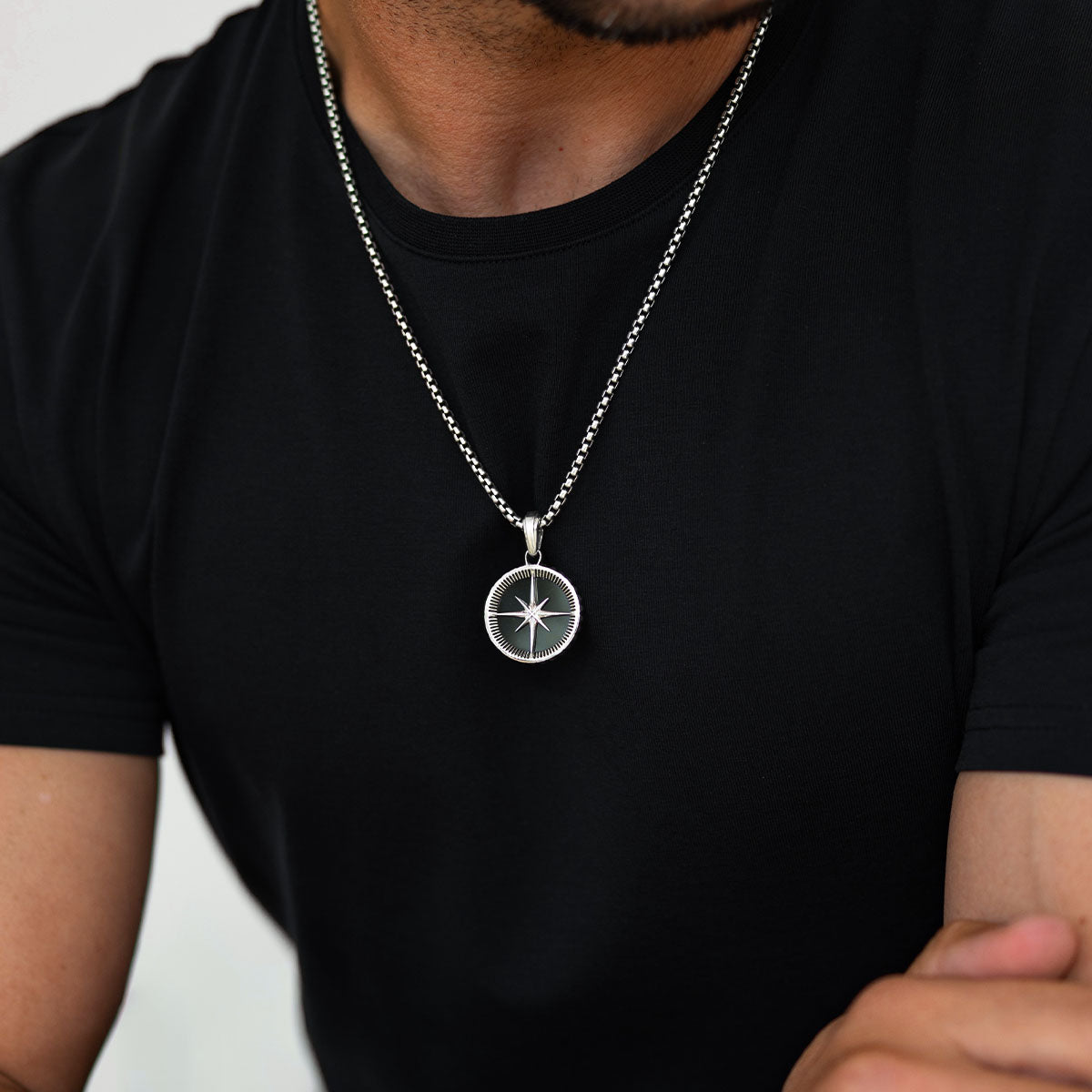 Safar - Sterling Silver Onyx Compass Pendant - NineTwoFive