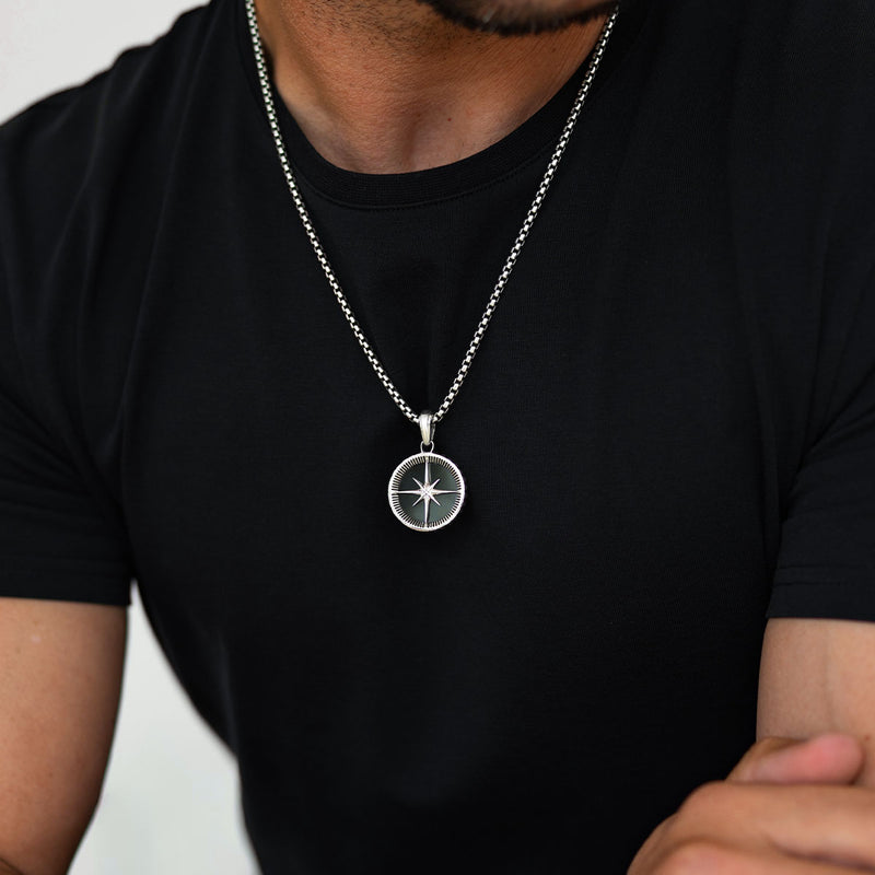 Safar - Sterling Silver Onyx Compass Pendant - NineTwoFive