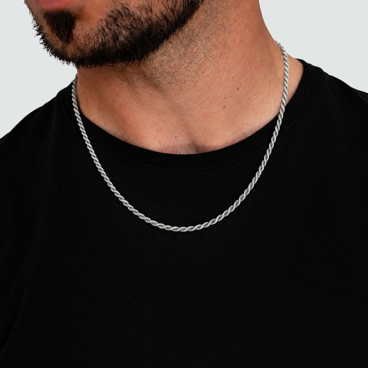 Munir 3mm silver rope chain necklace in polished sterling silver