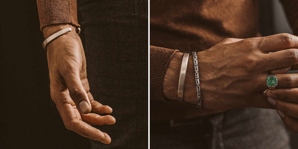 Two pictures of a man wearing a ring and a bracelet.