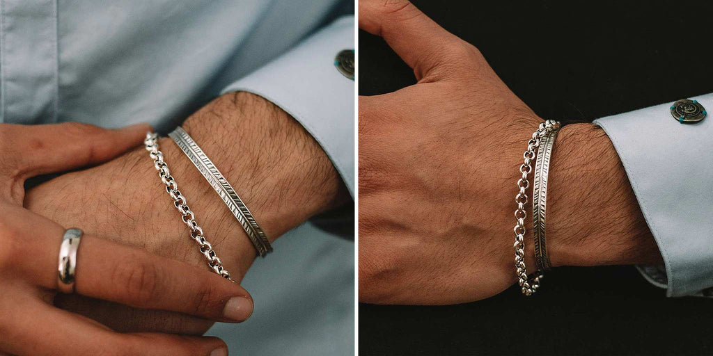 Two pictures of a man wearing silver bracelets.
