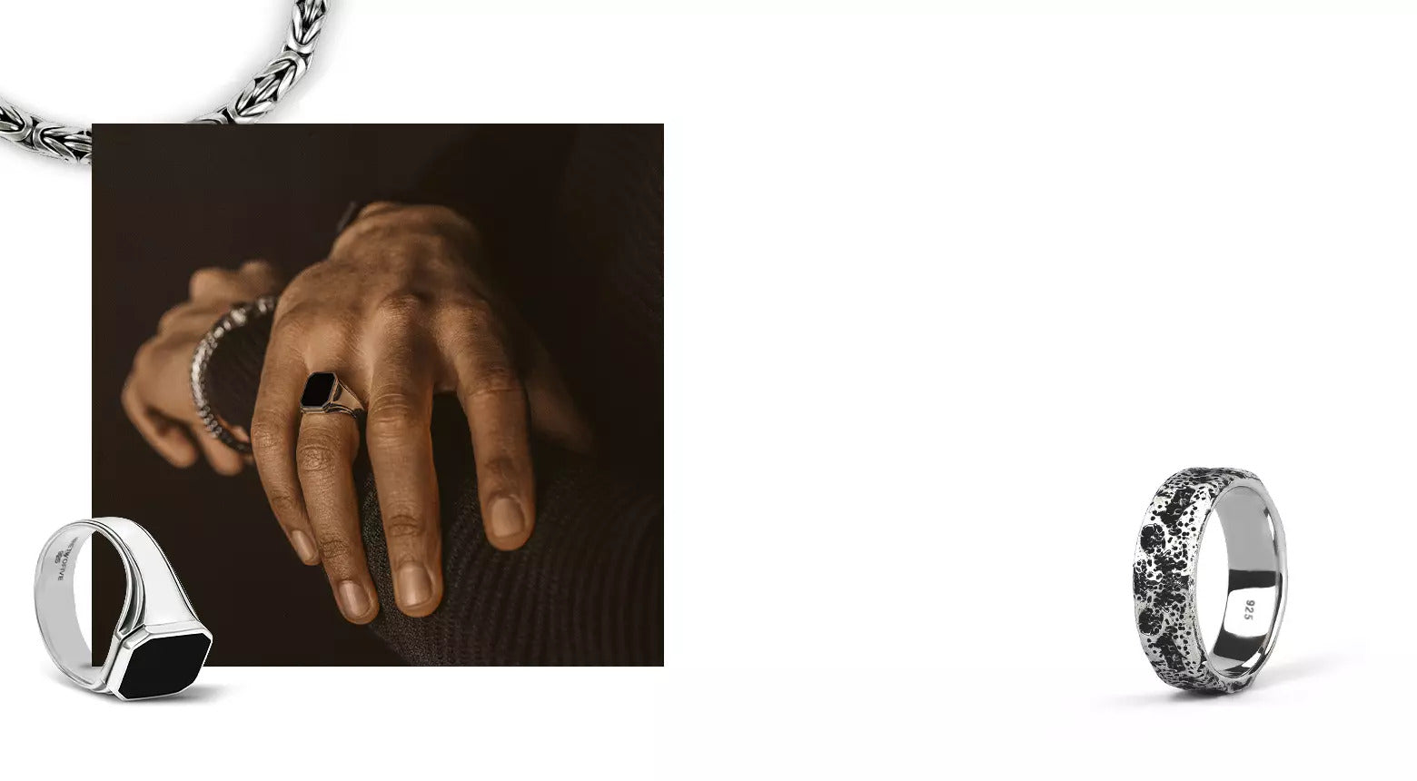 Man wearing sterling silver black onyx mens signet rings with byzantine bracelet from Ninetwofive.