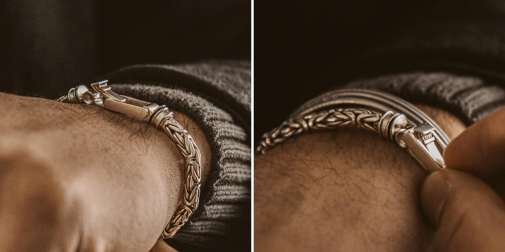 Two pictures of a man wearing a silver bracelet.