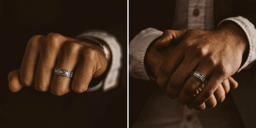 Zwei Bilder eines Mannes mit einem Ehering.