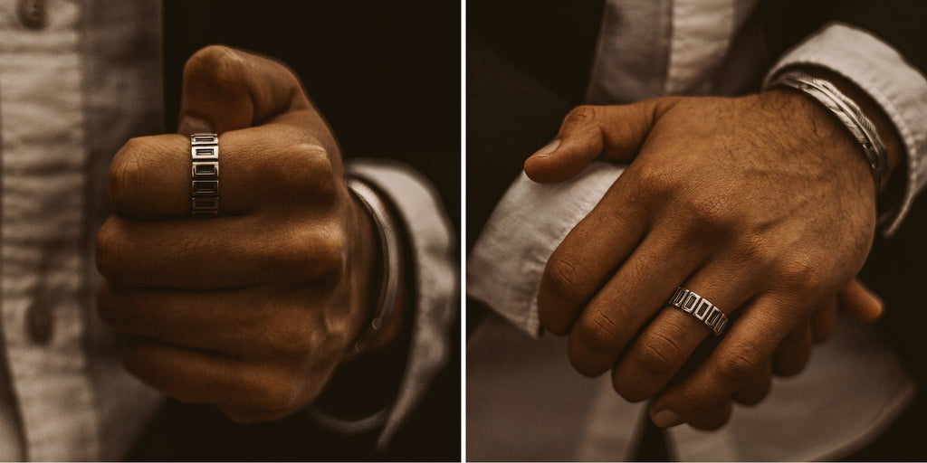 Two pictures of a man holding a wedding ring.