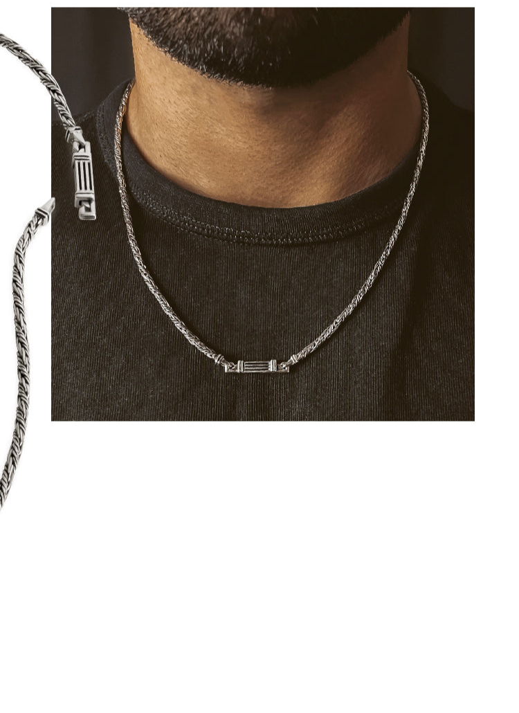 Model wearing sterling silver rope chain mens necklaces from Ninetwofive.