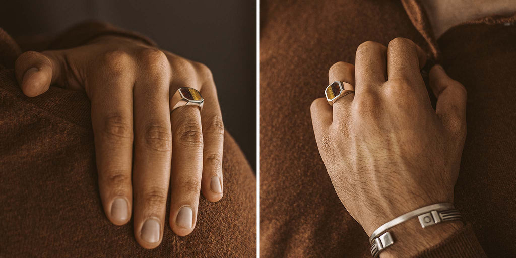Two pictures of a man with a ring on his hand.