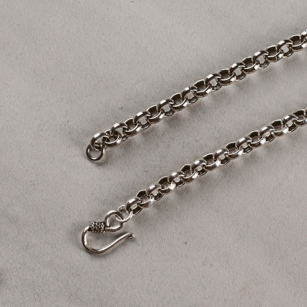 A silver chain with a hook.