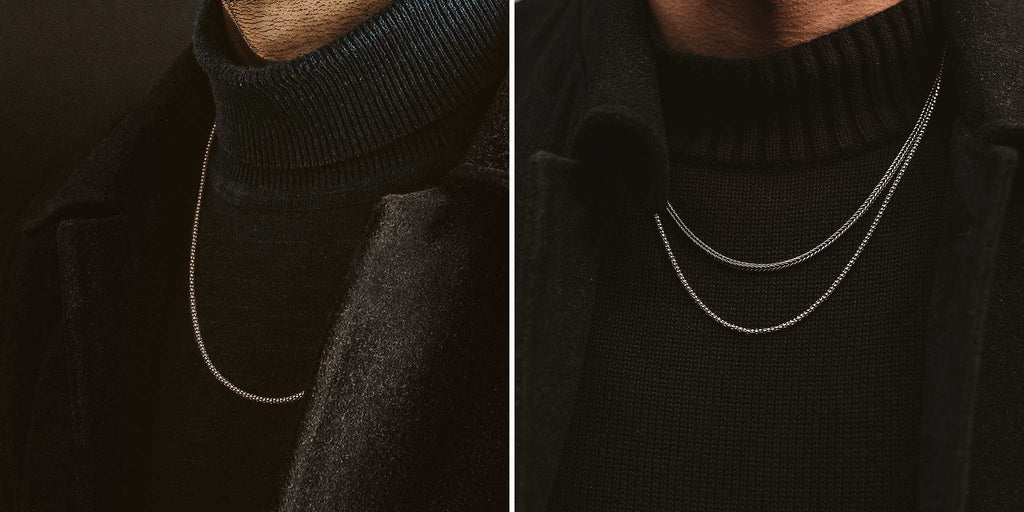 Zwei Bilder eines Mannes, der einen schwarzen Pullover und ein Kette trägt.