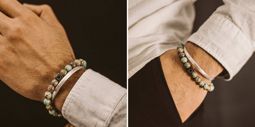 Two pictures of a man wearing a bracelet.