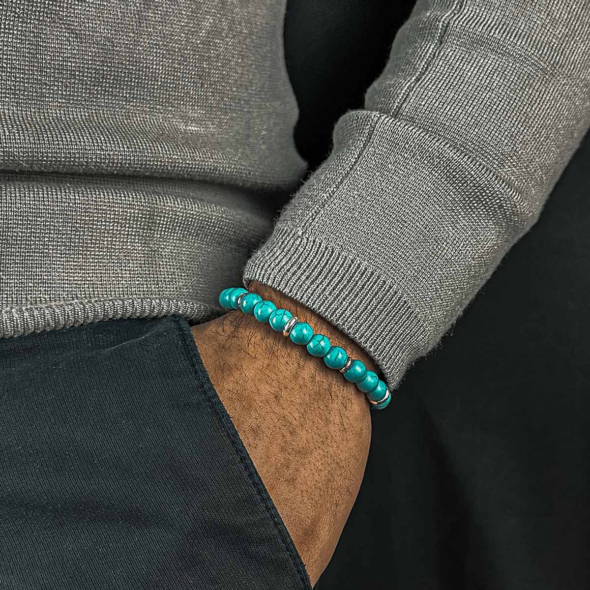 Nuri - Verstelbare Turquoise Kralen Armband in Zilver 8mm