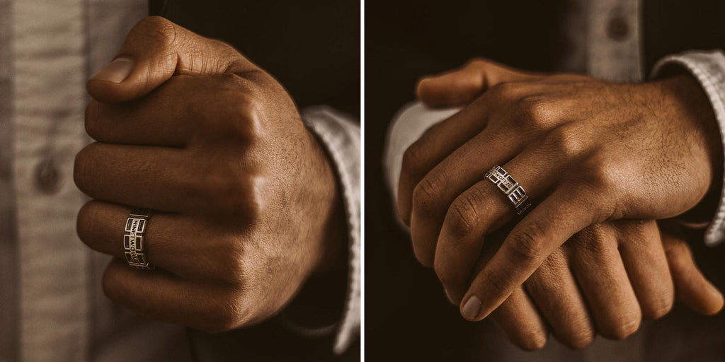 Two pictures of a man's hands holding a wedding ring.