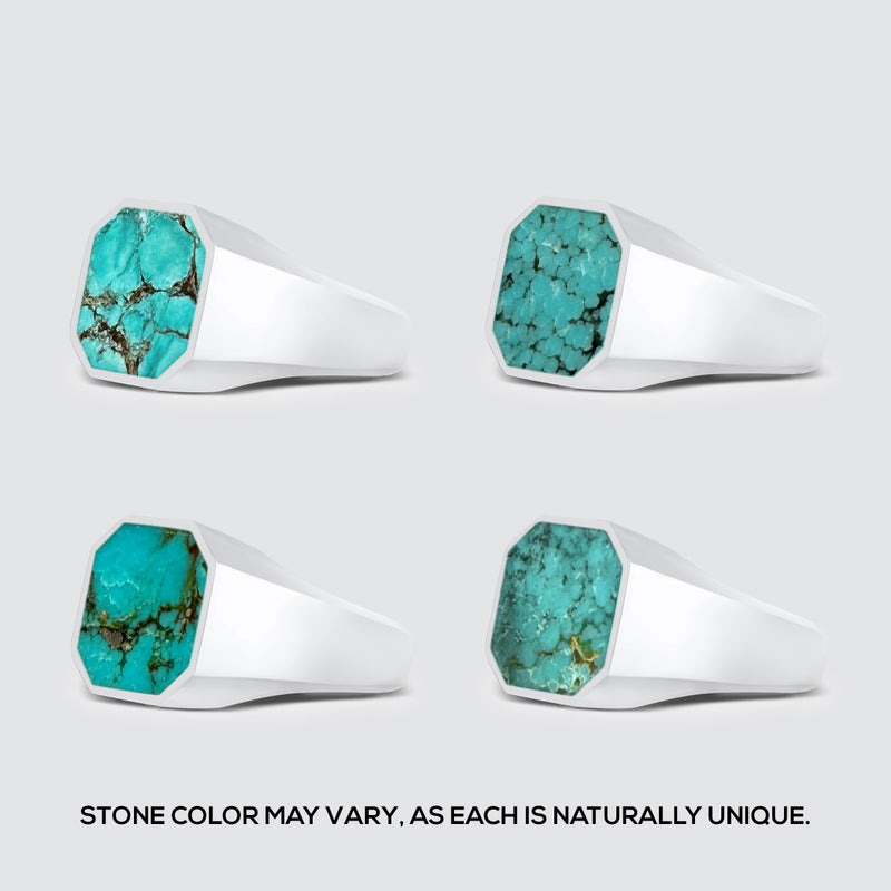 Four Nuri sterling silver mens rings on the same angle showcasing the variation of turquoise stone colour. 