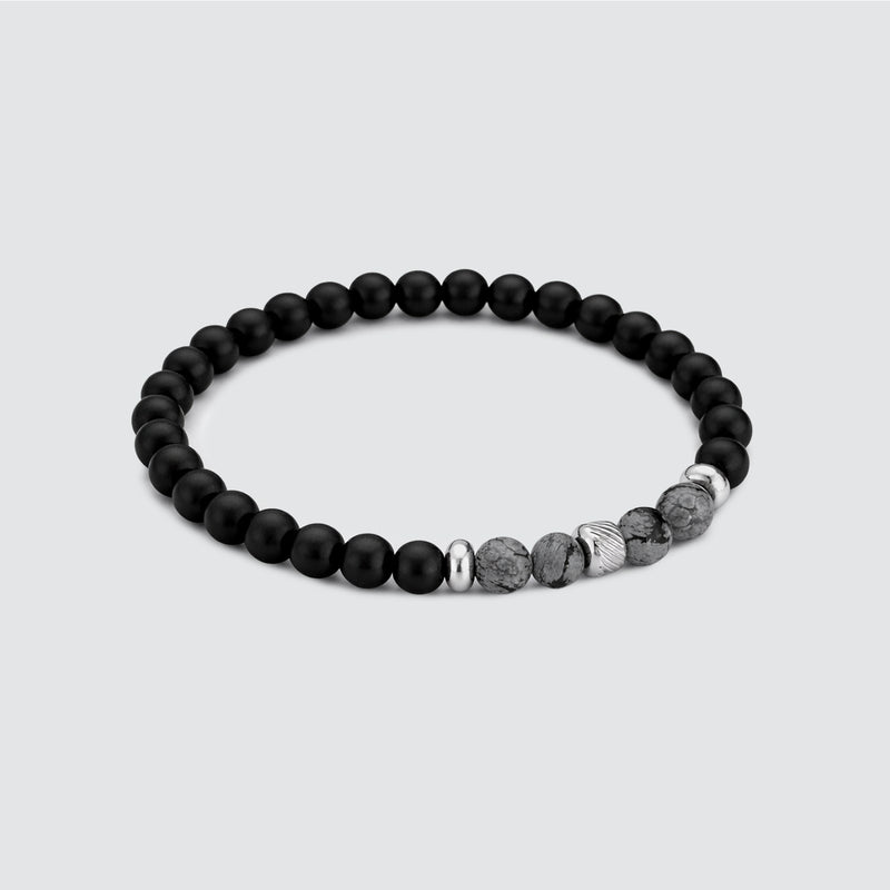 Valentinstagsgeschenk für ihn: Herrenarmband aus Edelstahl mit schwarzen und grauen Perlen von Ninetwofive.
