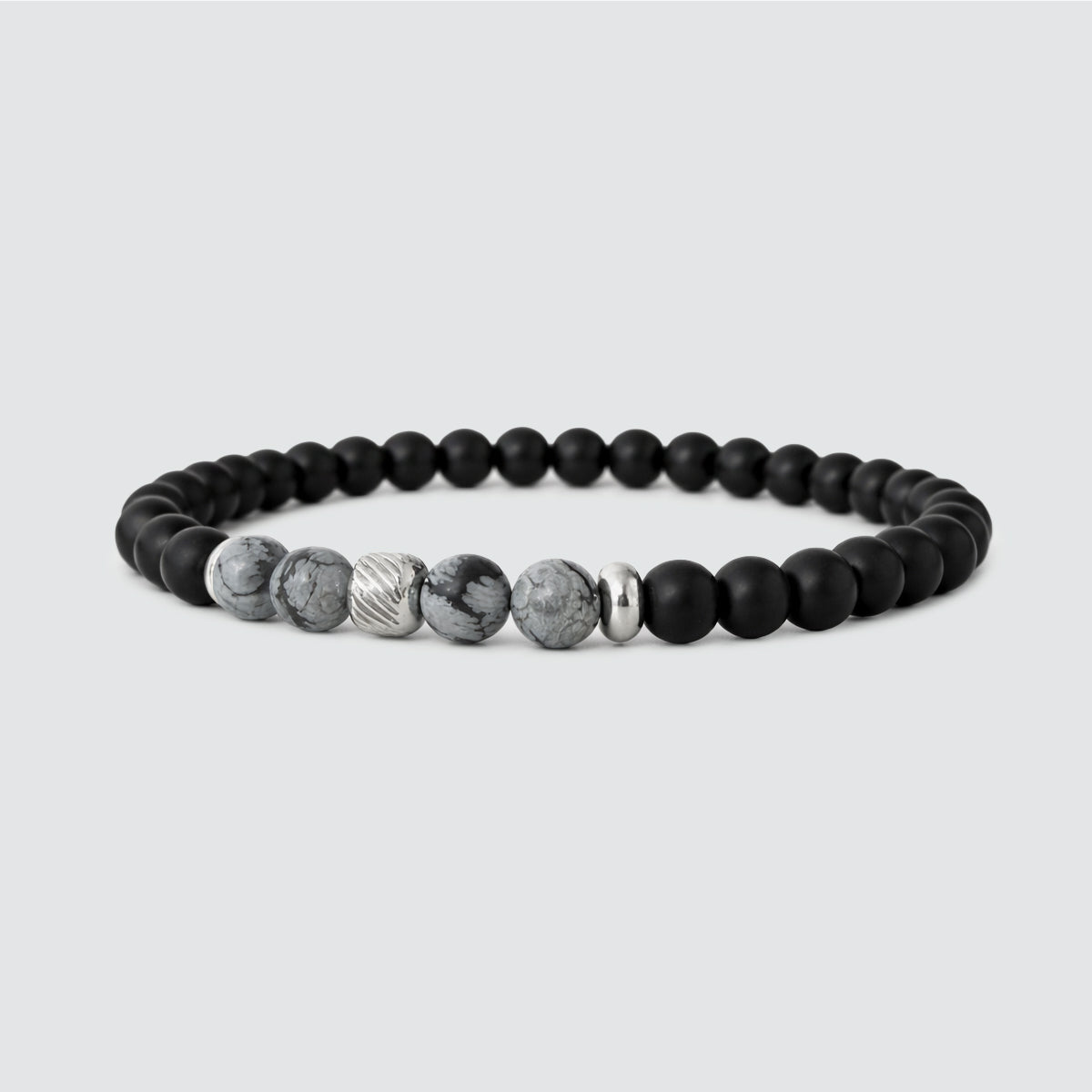 Ninetwofive Valentine day 2026 mens black agate and snow stone beaded bracelet on a clear background