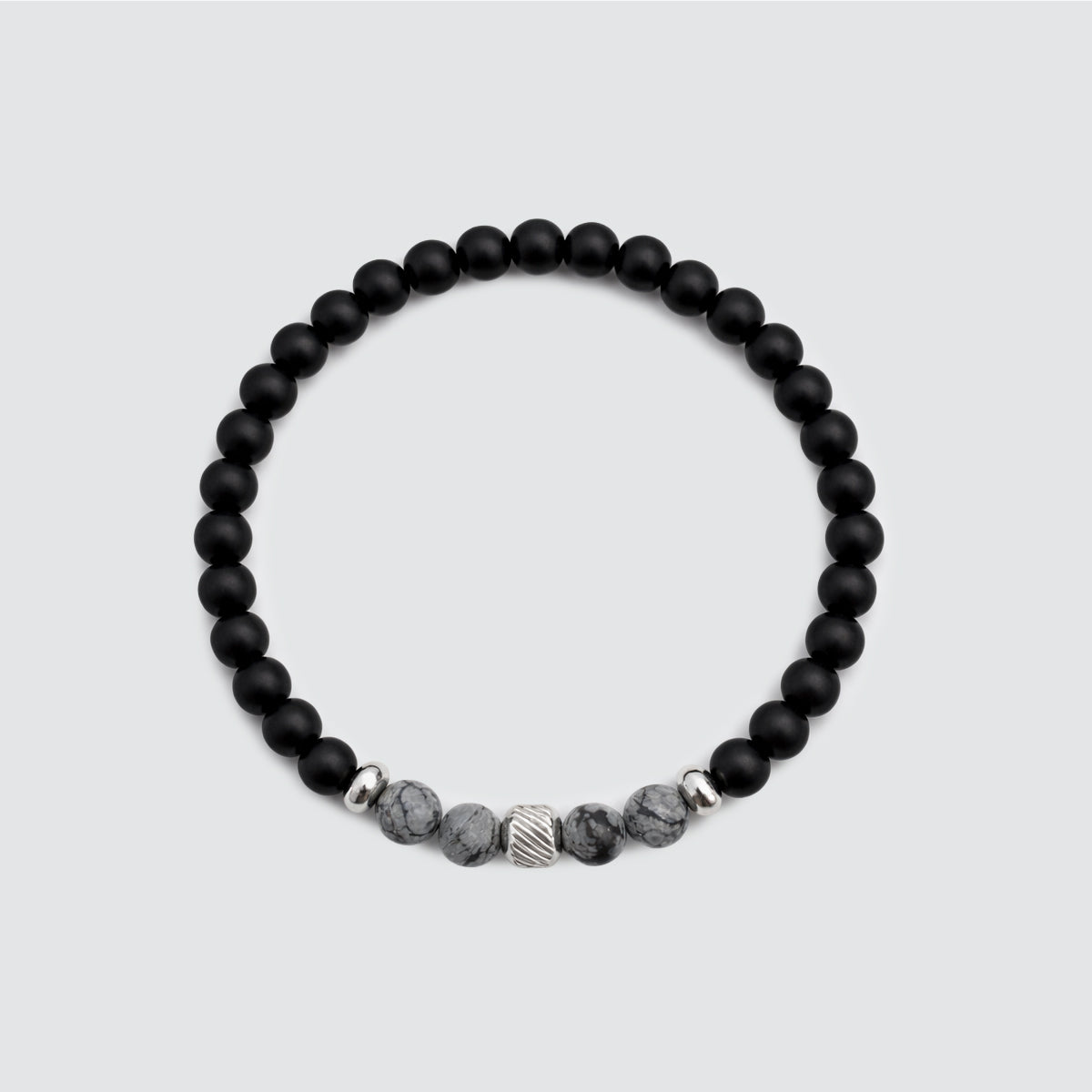 Mens Valentines beaded bracelet with carved black agate and snow stone by Ninetwofive.