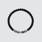 Mens Valentines beaded bracelet with carved black agate and snow stone by Ninetwofive.