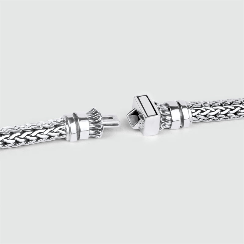 Clasp of Mirza sterling silver braided bracelet by Ninetwofive on a white background, perfect gift for him.