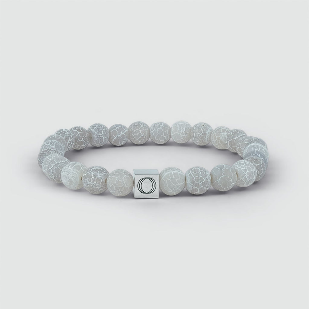 Abyad - White Beaded Bracelet 8mm, with the letter o on it, featuring a weathering stone.