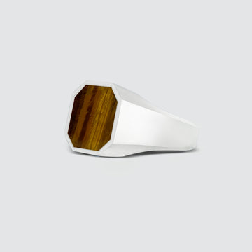 A mens silver Alem - Tiger Eye Stone Signet Ring 13mm with an engraved tiger eye design on a white background.