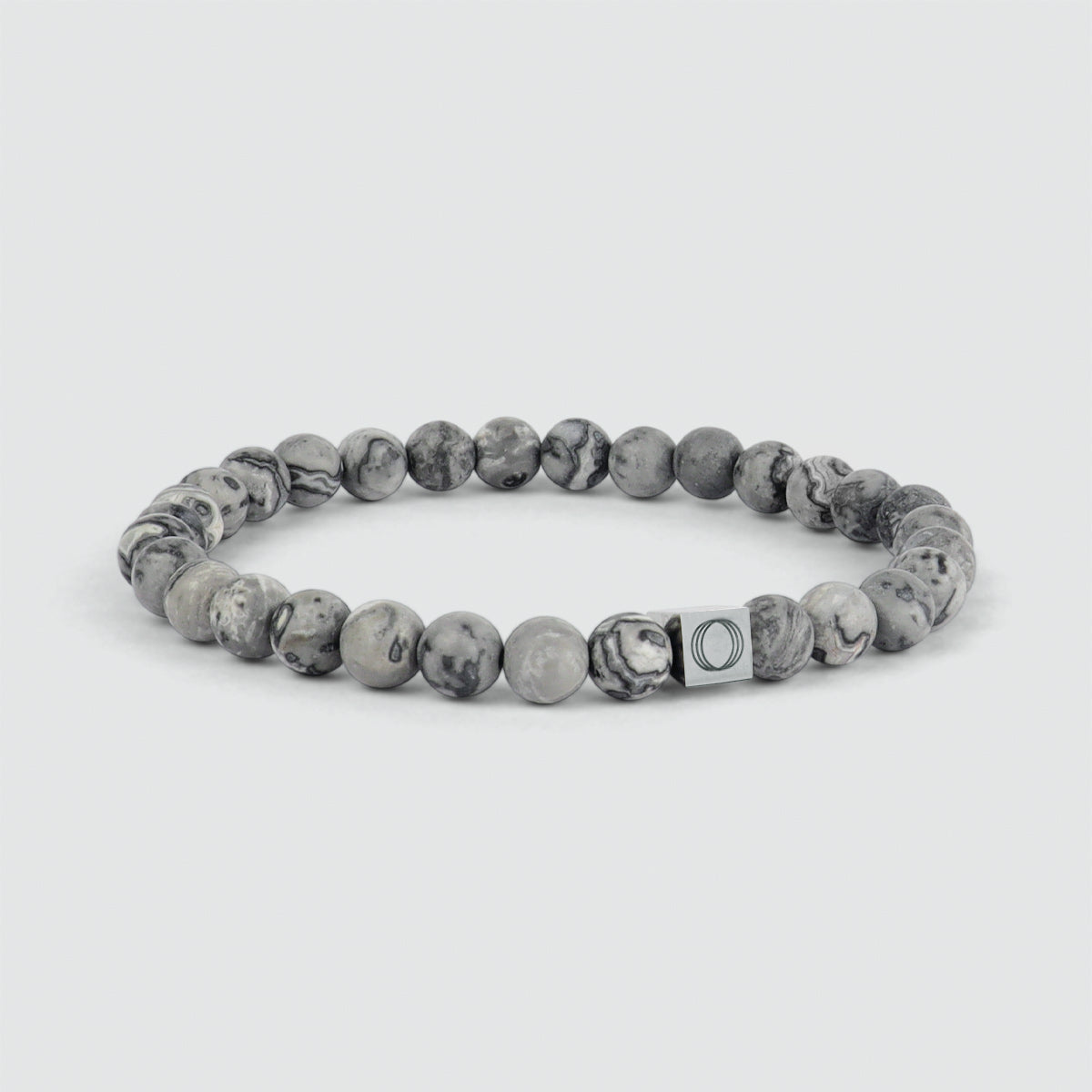 Ein Alrazas - Grey Beaded Bracelet 6mm mit einer grauen Marmorperle und einem silbernen Verschluss.