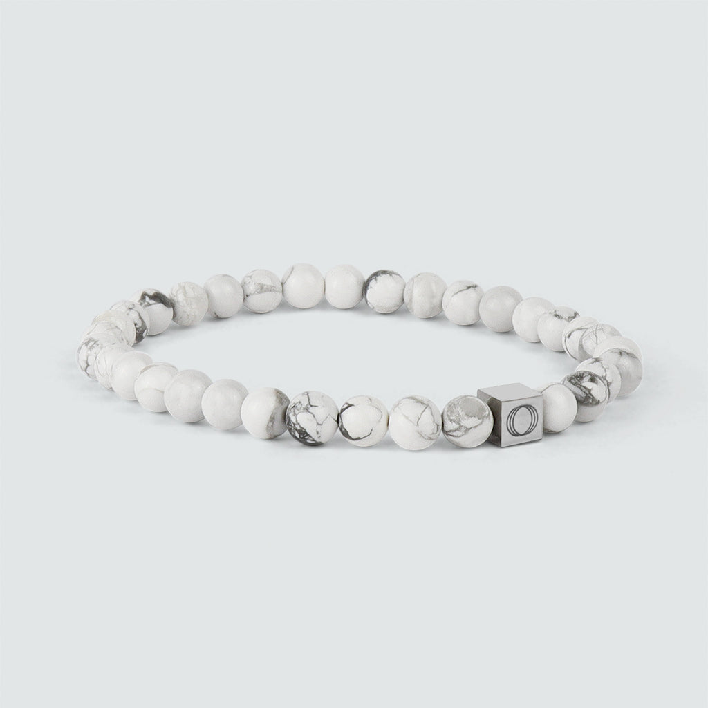 A silver Alrukham - White Beaded Bracelet 6mm featuring a white marble bead.