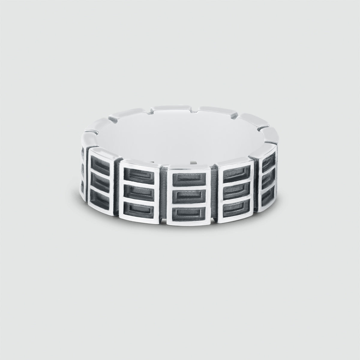 An engraved Ayman - Oxidized Sterling Silver Ring 7mm with black and white squares.