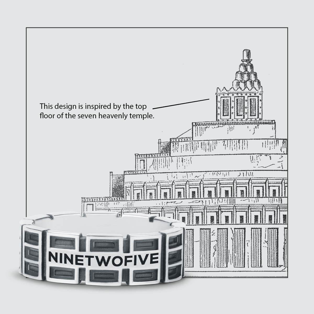 An engraved Ayman - Oxidized Sterling Silver Ring 7mm with a drawing of a building.