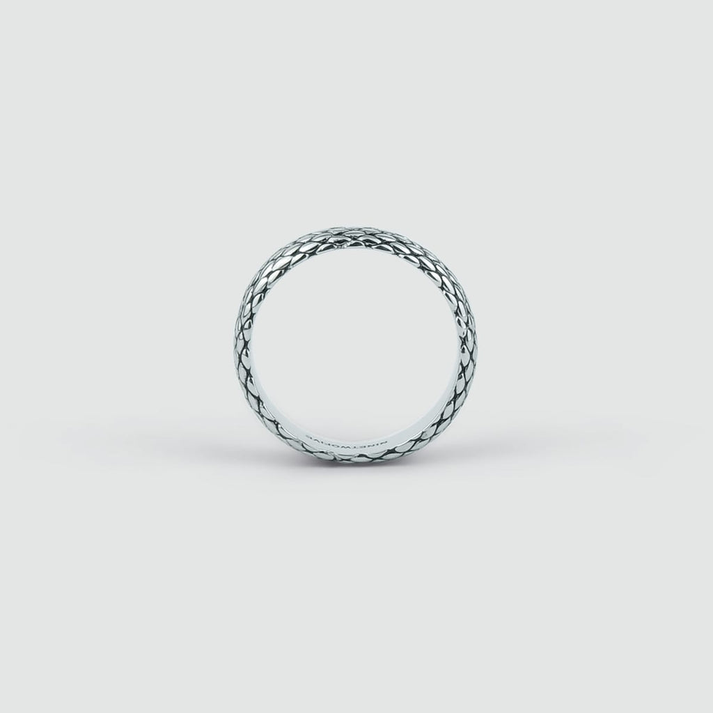 A mens Ferran - Oxidized Sterling Silver Ring 6mm with a braided pattern.