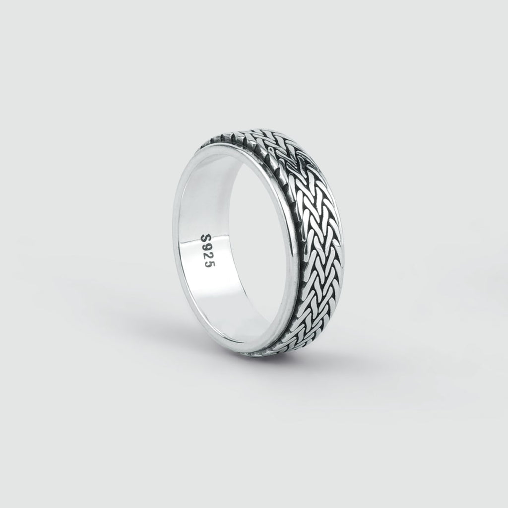 A mens Hani - Sterling Silver Spinner Ring 8mm with a braided pattern and engraved design.