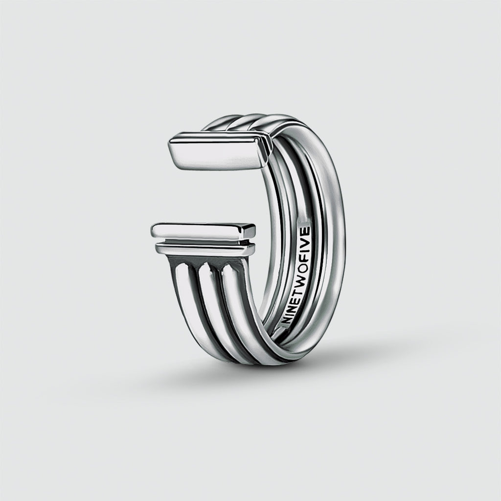 An engraved Mateen - Oxidized Sterling Silver Bangle Ring 10mm with a stripe on it, perfect for men.