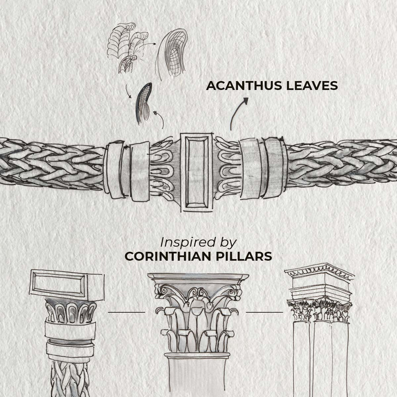 A beautifully engraved Ninetwofive's Mirza sterling silver bracelet, featuring a striking column design adorned with delicate acorns and leaves.