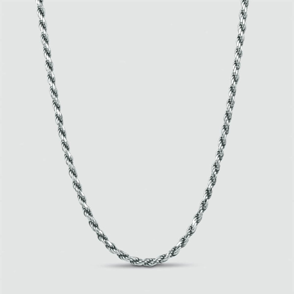 A handmade Munir - Sterling Silver Rope Chain Necklace 3mm on a white background.