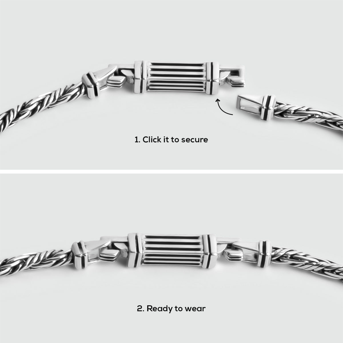 Une série de photos faites à la main montrant comment fixer une corde Nadir - Twisted Sterling Silver Rope Collier 3mm.