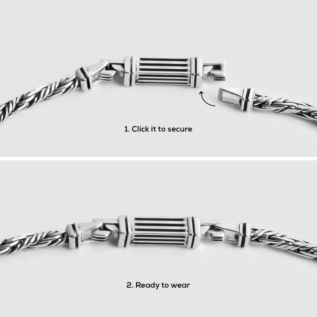 A series of handmade pictures showing how to secure a Nadir - Twisted Sterling Silver Rope Chain Necklace 3mm.