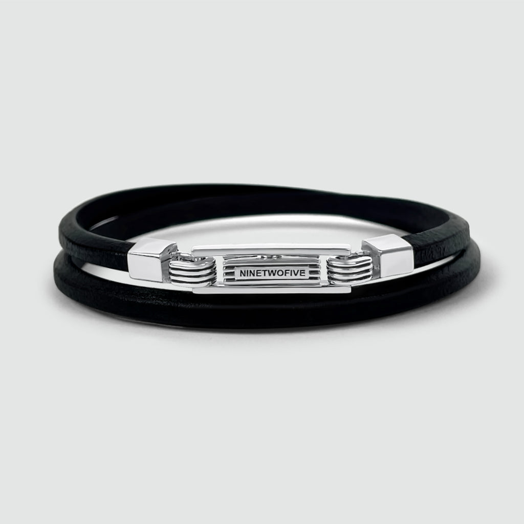 Rami - Genuine Black Leather Bracelet 5mm, a black leather bracelet with a silver clasp that is engraved.