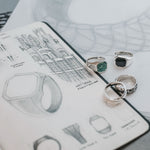 Croquis d'une bague Naim - Black Onyx Signet Ring 13mm sur un carnet de notes.