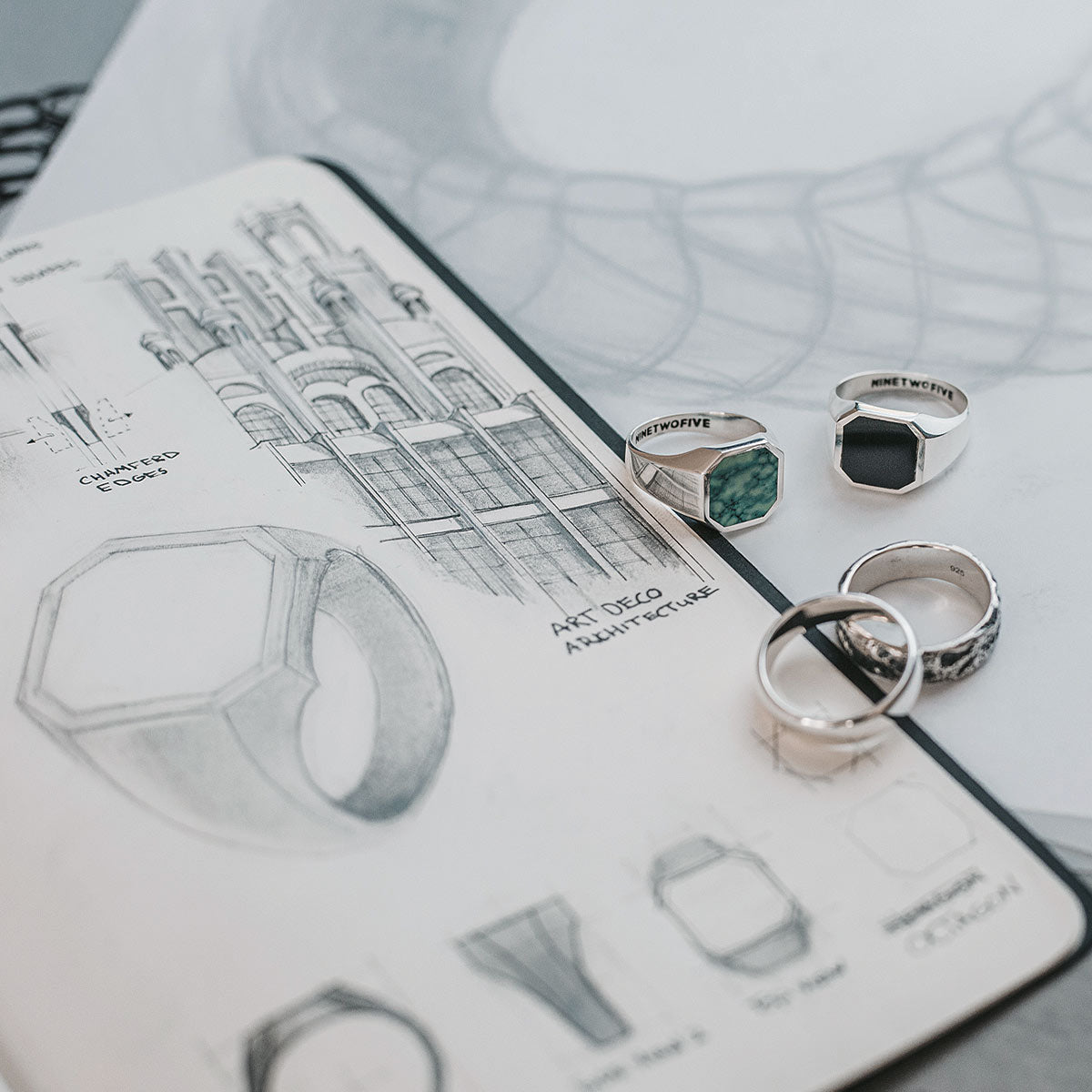 Croquis d'une bague Naim - Black Onyx Signet Ring 13mm sur un carnet de notes.